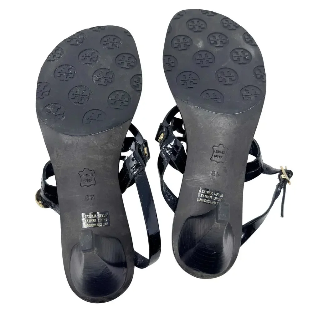 TORY BURCH Black Patent Leather Miller Kitten Heels Sandals Logo Classic Size 8